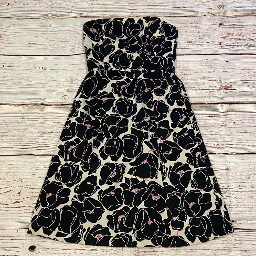 Helen Wang NYC Black Floral Strapless Dress Sz 4
